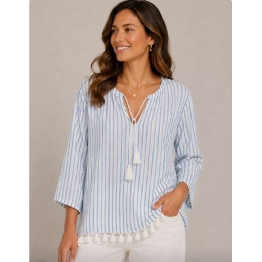 Rachel Zoe Tunic Top Womens‎ Large Blue White Striped Tassel Linen Blend Boho
